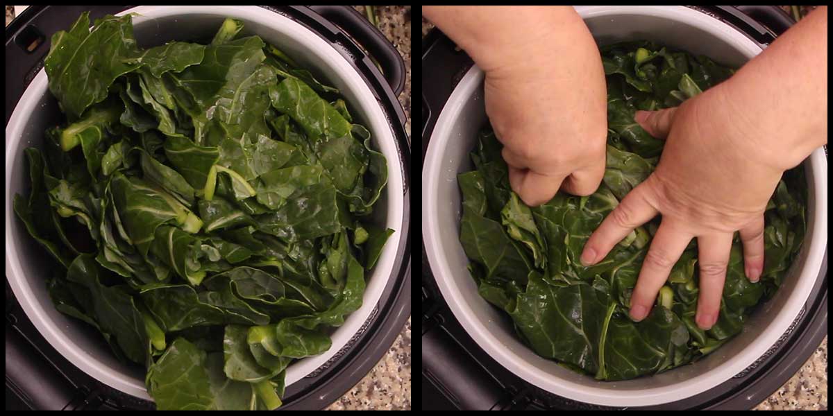 pushing down the collard greens in the inner pot so the lid will go on
