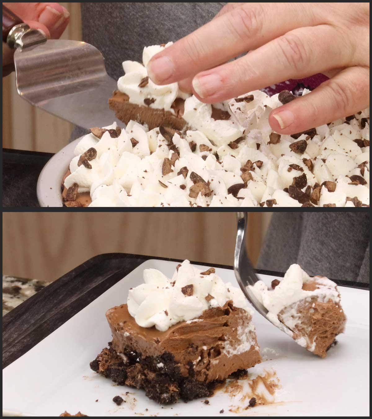slicing and serving chocolate mousse pie