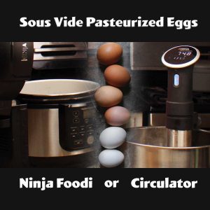 image showing eggs between ninja foodi and circulator with text sous vide pasteurized eggs Ninja Foodi or circulator