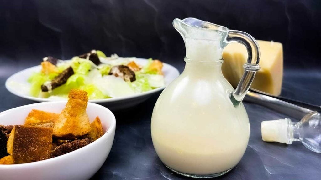 creamy caesar dressing in a glass container next to croutons and a caesar salad