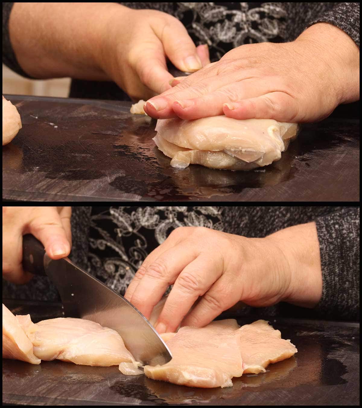 cutting through the chicken with a long knife