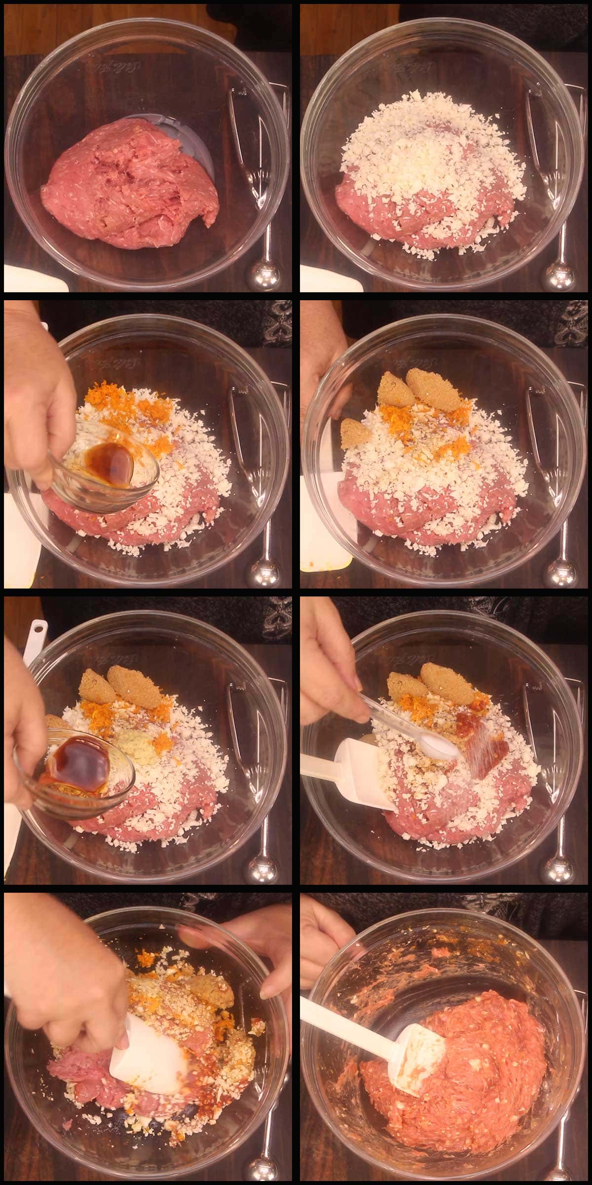 mixing the ground turkey with ingredients to make meatballs
