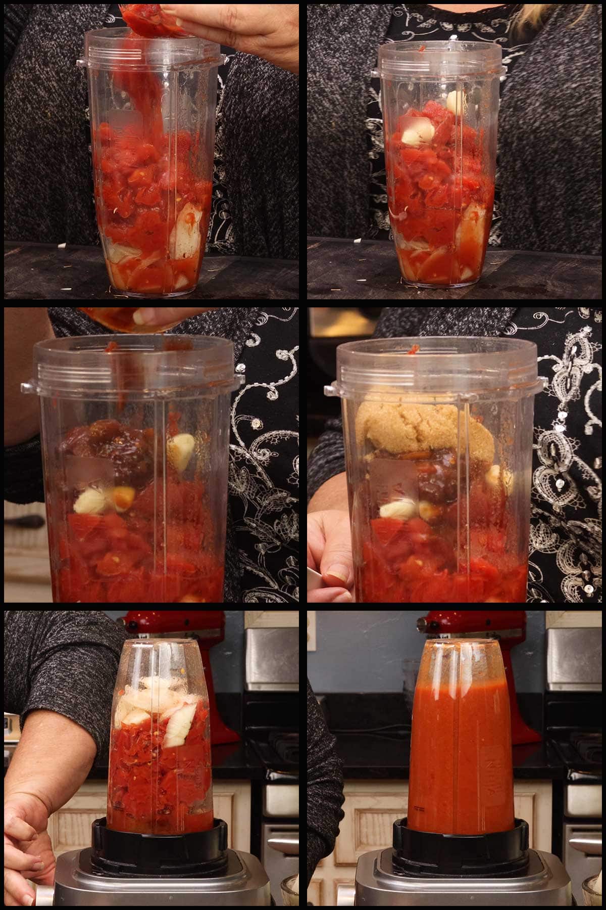 collage of pictures showing ingredients going into a blender cup and blended smooth