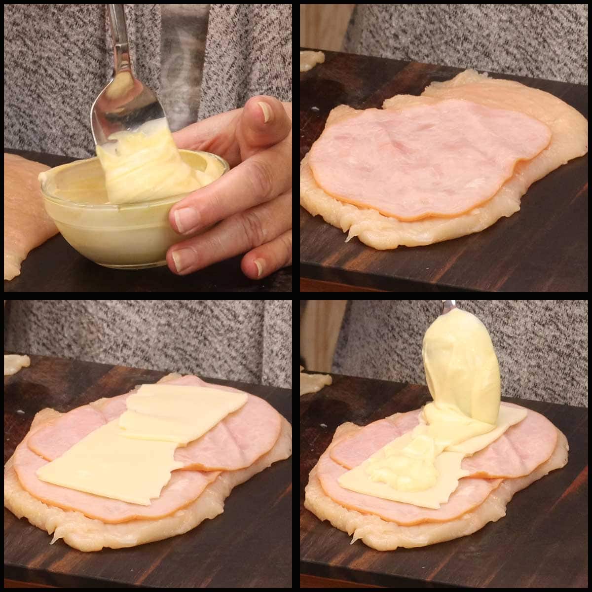 putting the ham, cheese, and sauce on the chicken before rolling