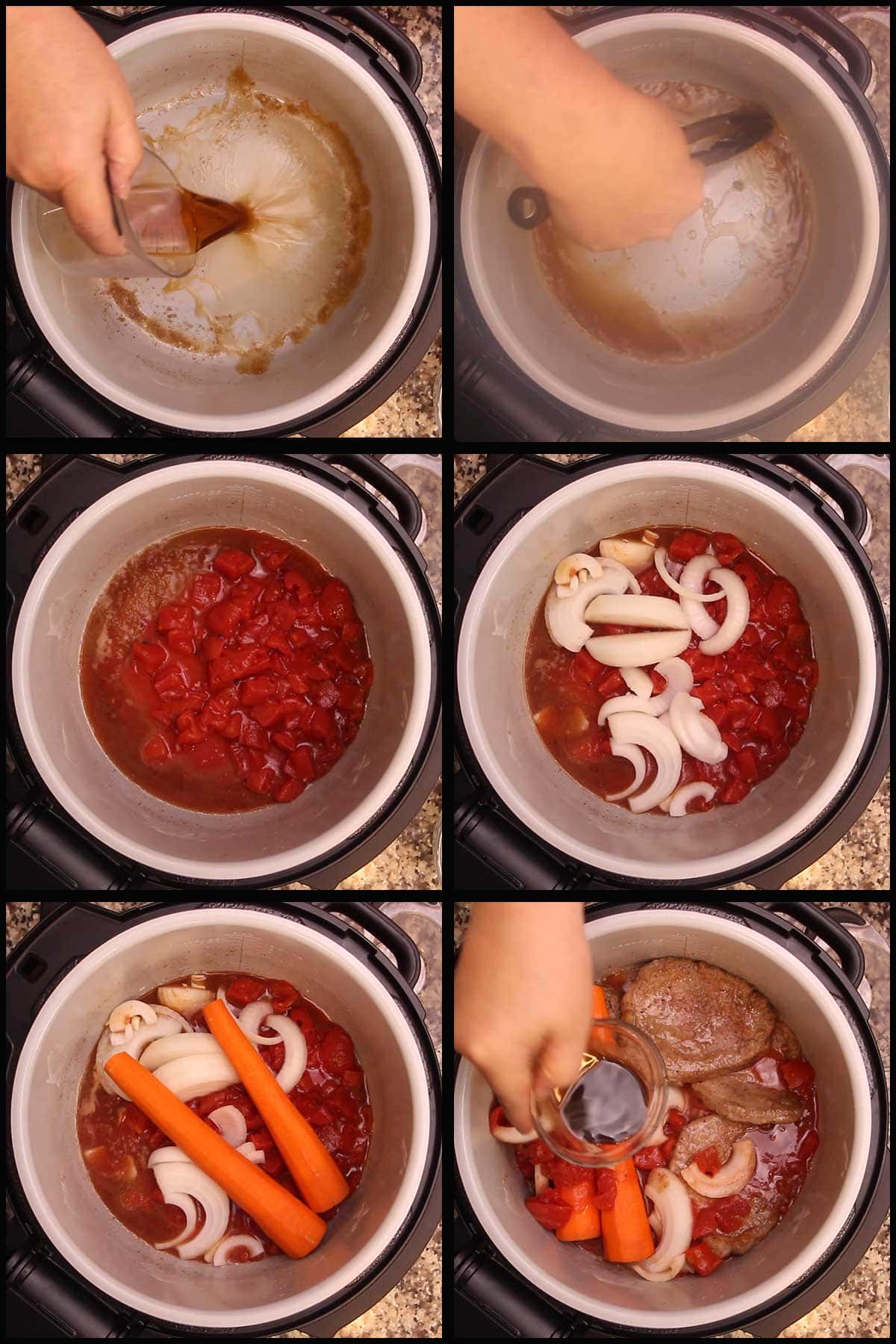 deglazing the inner pot and adding onions, tomatoes and carrots