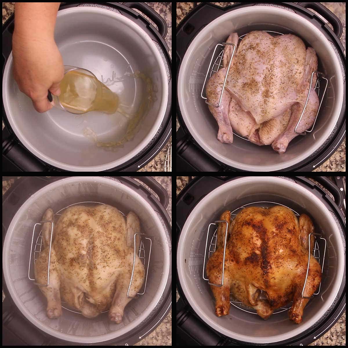 collage of pictures showing the chicken before and after steaming and after air crisping