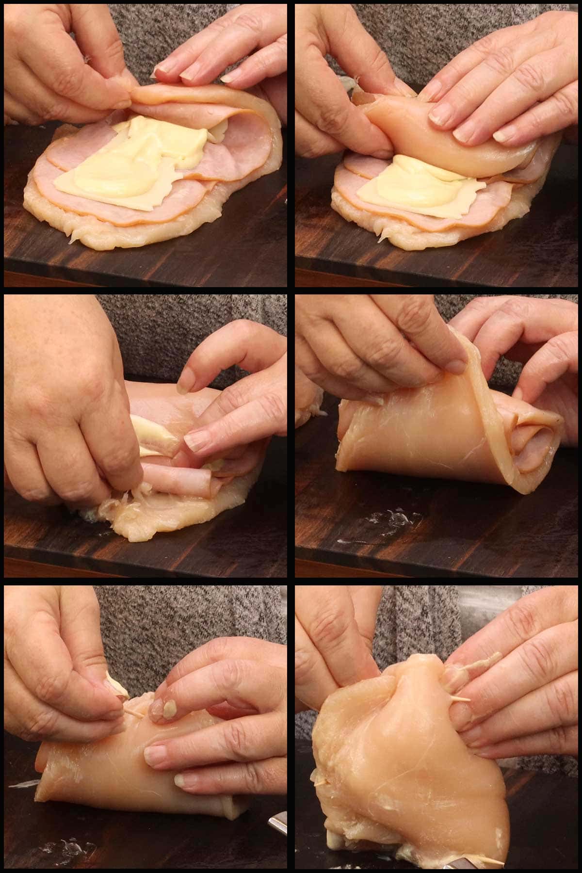 rolling the chicken breast for chicken cordon bleu