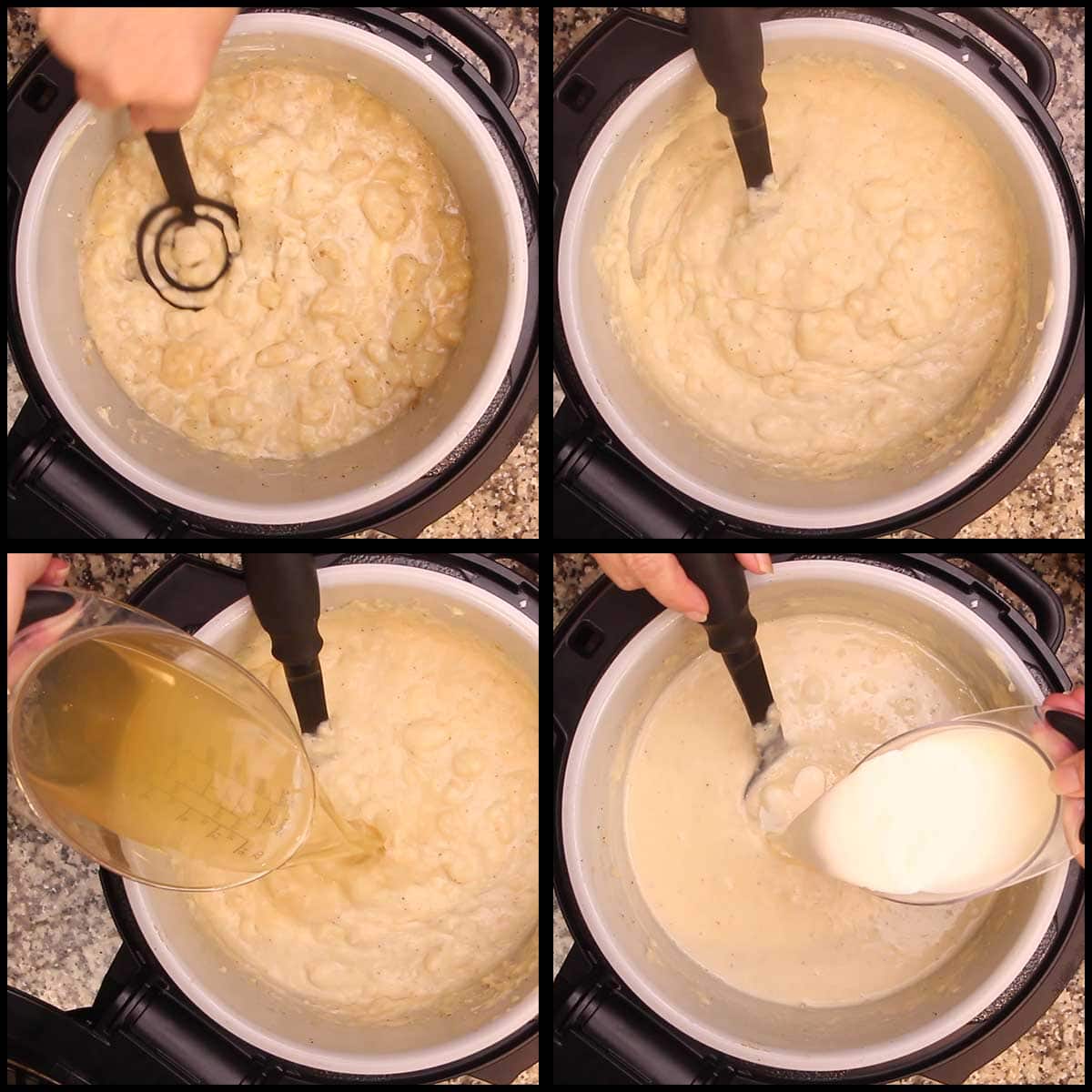 mashing potato soup and adding cream and broth