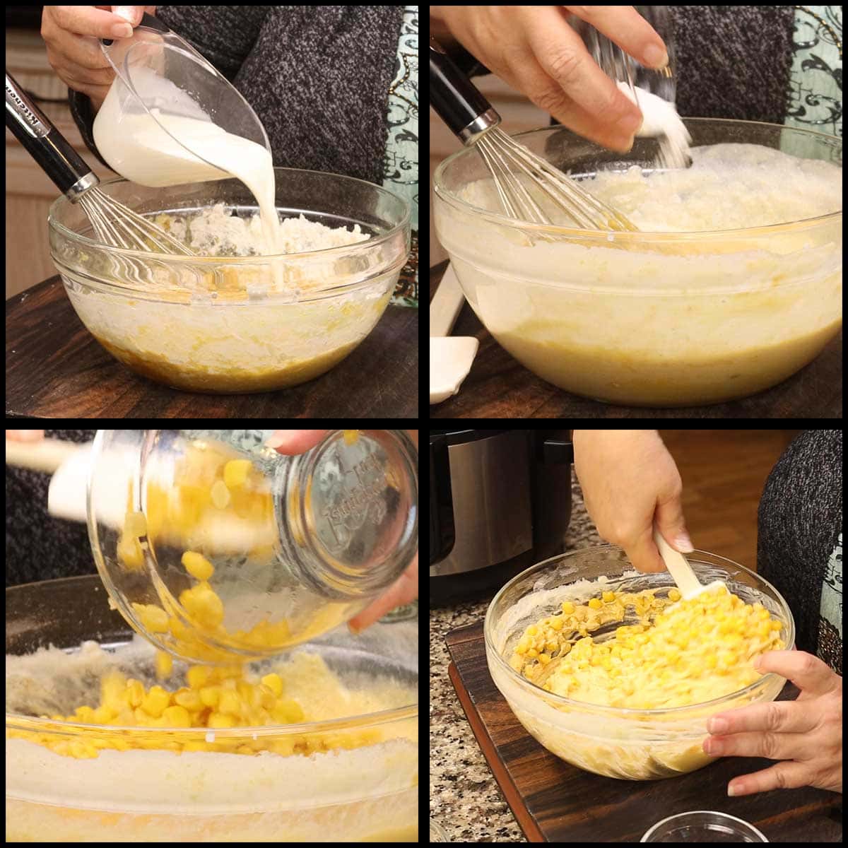 mixing in the milk vinegar and corn