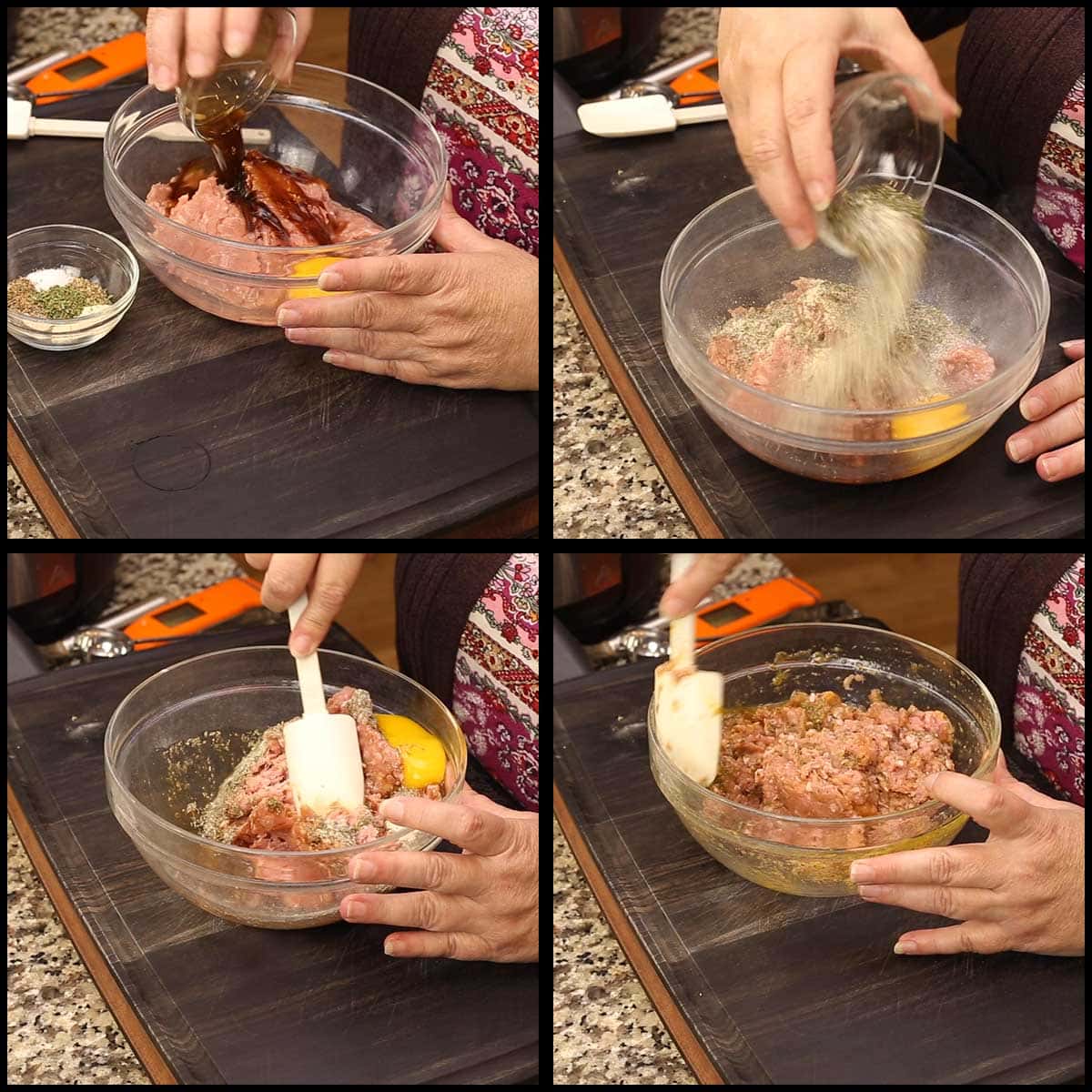 Mixing turkey and seasonings in large mixing bowl