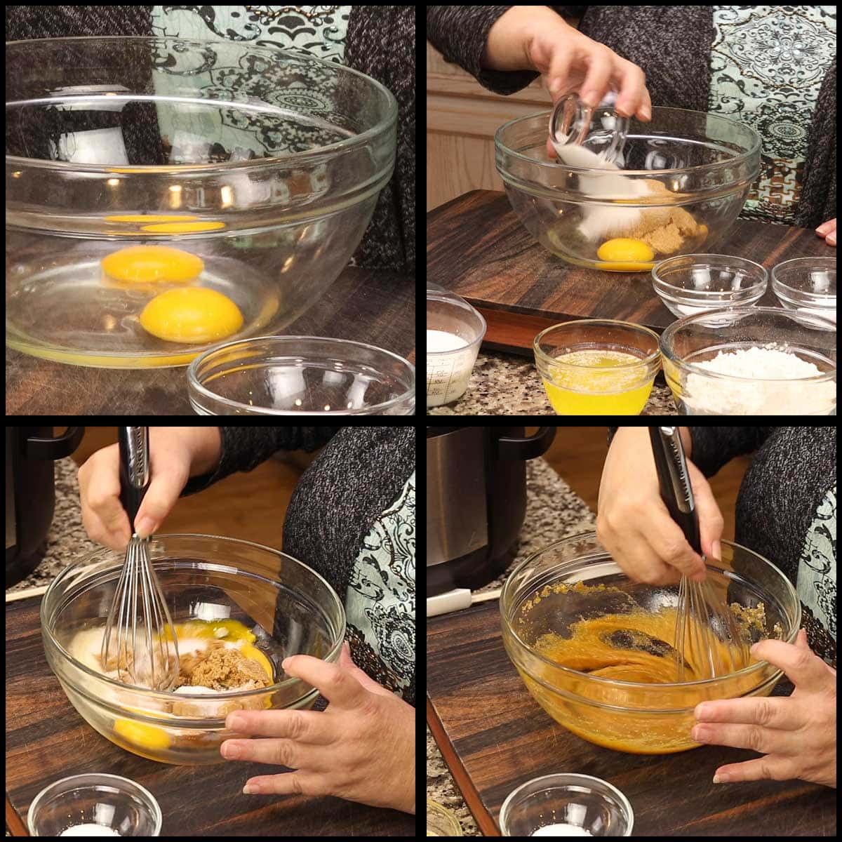 Mixing eggs and sugars in mixing bowl for Ninja Foodi cornbread