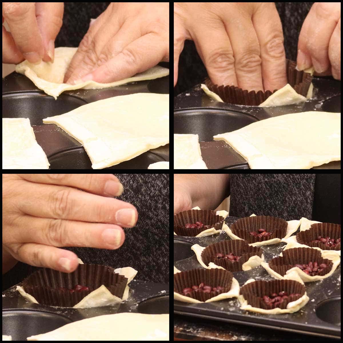 placing puff pastry into muffin tins before baking