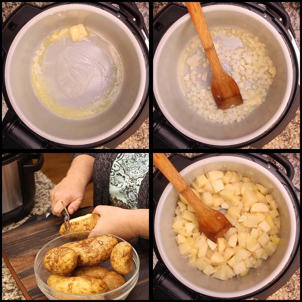 sauteing onions and adding potatoes for potato soup