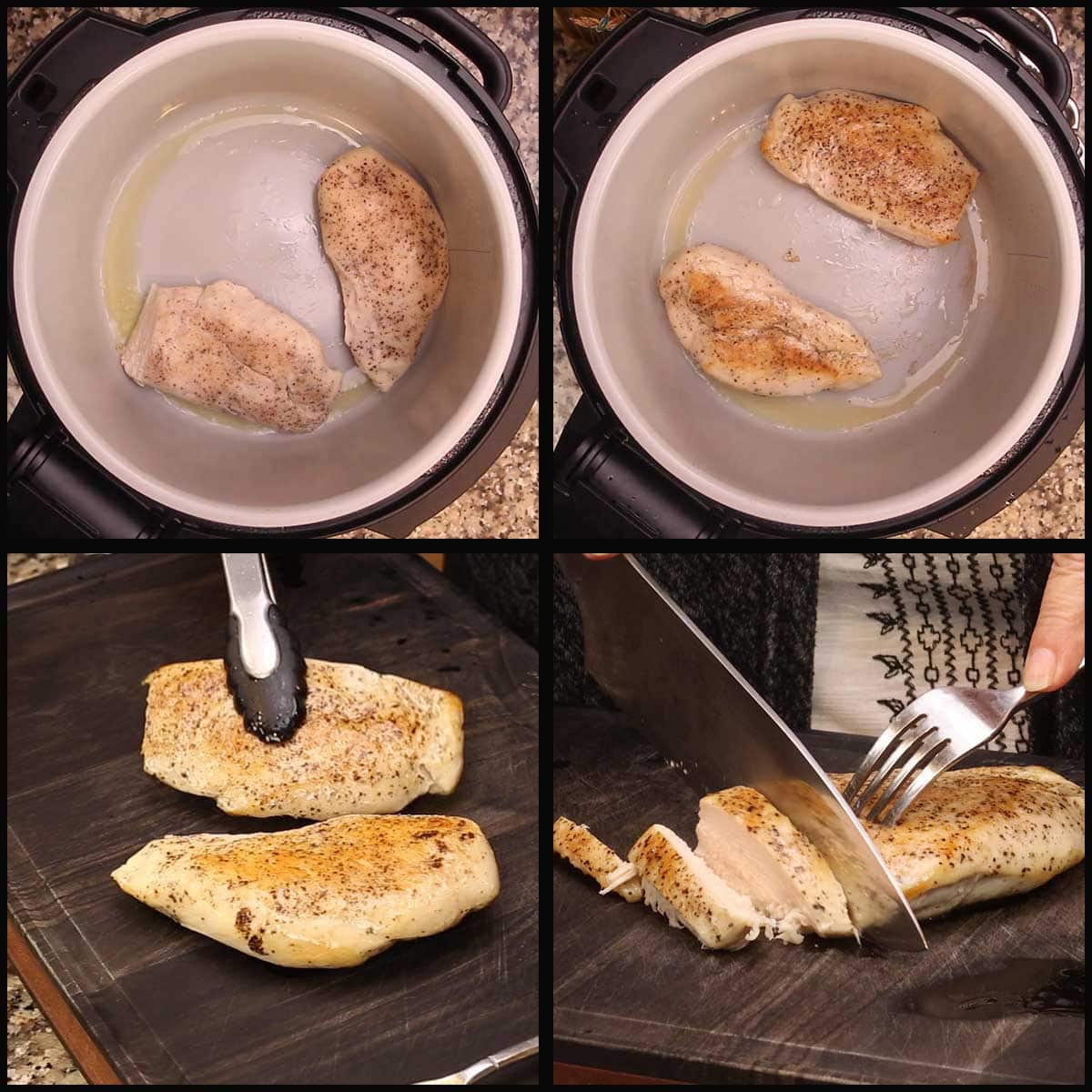 searing chicken breasts in inner pot after sous vide cooking and slicing to serve