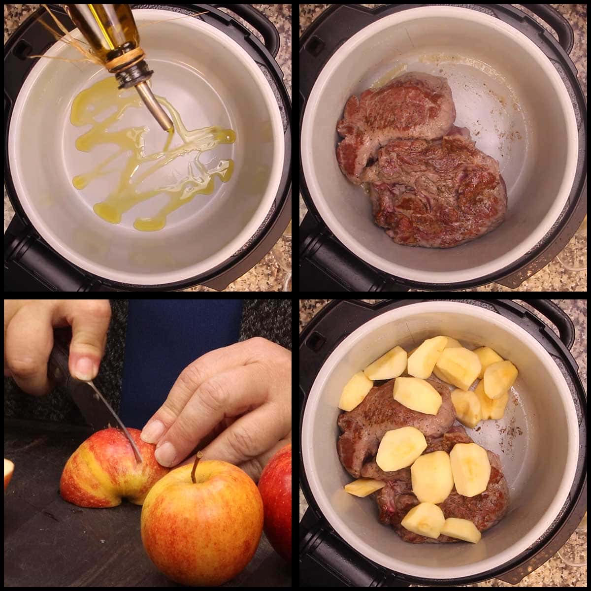 searing the pork and slicing the apples for pork and sauerkraut