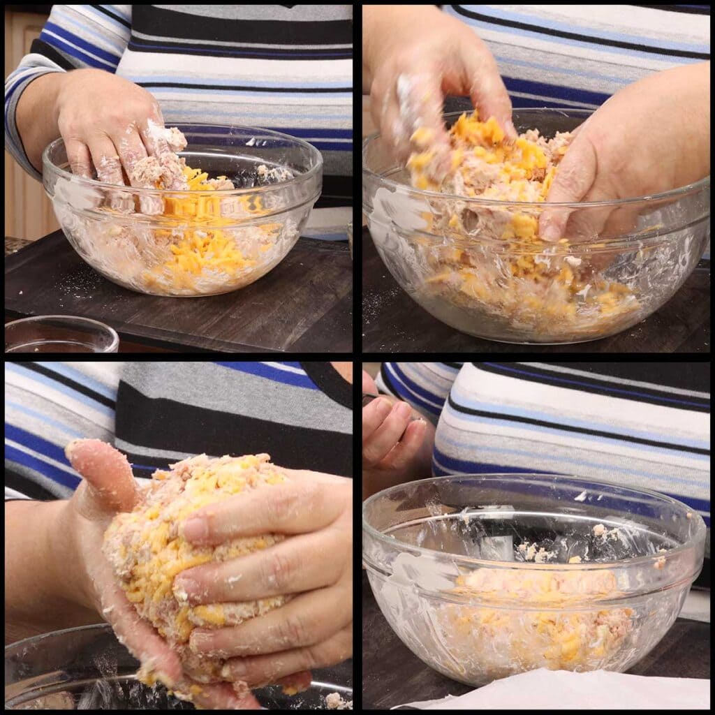 folding the shredded cheese into the sausage mixture until it holds together 
