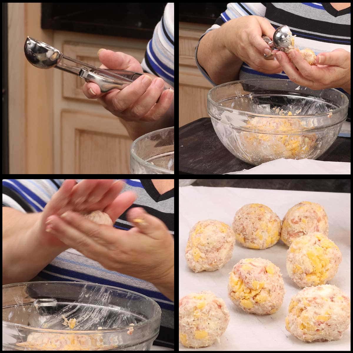 scooping and forming sausage balls and setting them on a parchment lined cooking rack