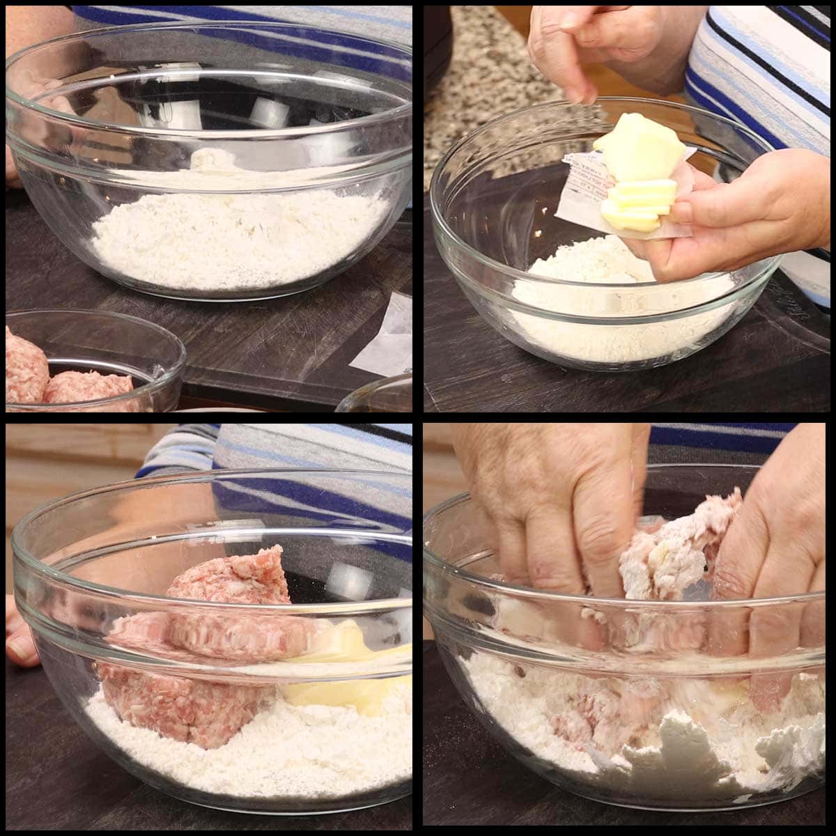 Mixing flour, butter, sausage together in mixing bowl