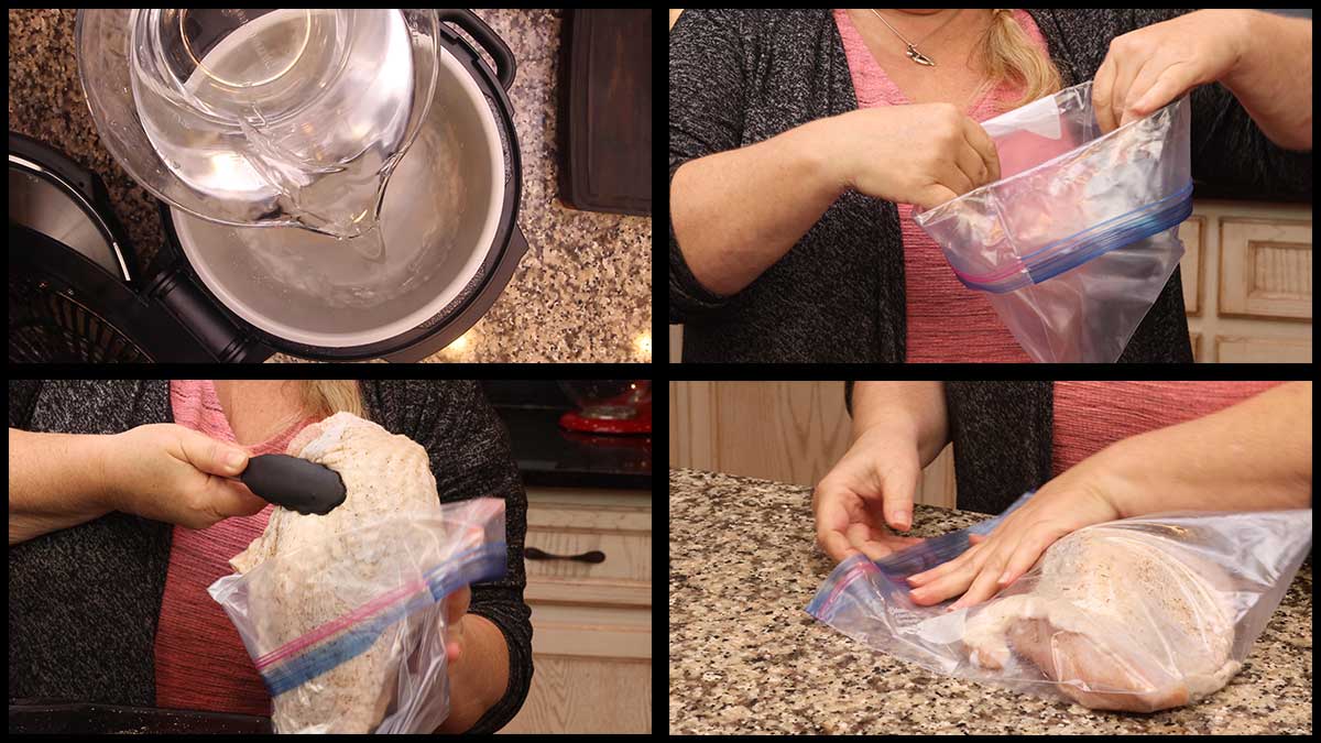placing water in inner pot and putting turkey breast into bag for sous vide cooking