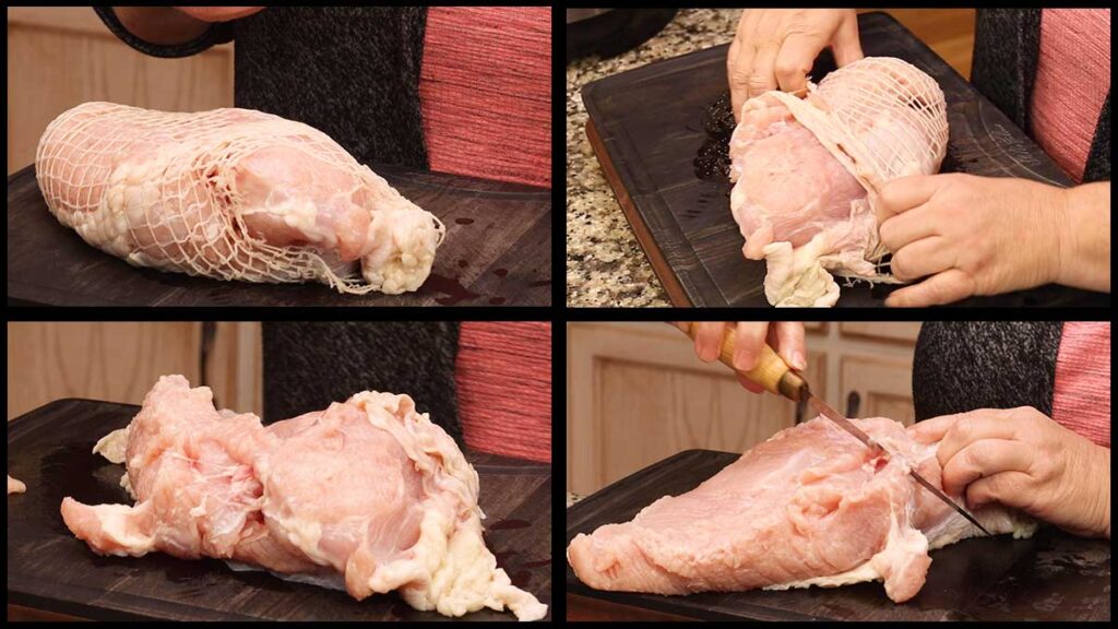 removing the netting and the tendons from turkey breast