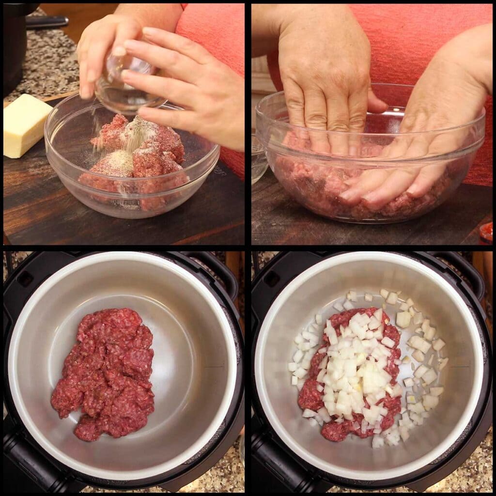 seasoning the ground beef and adding it and the diced onions to the pot