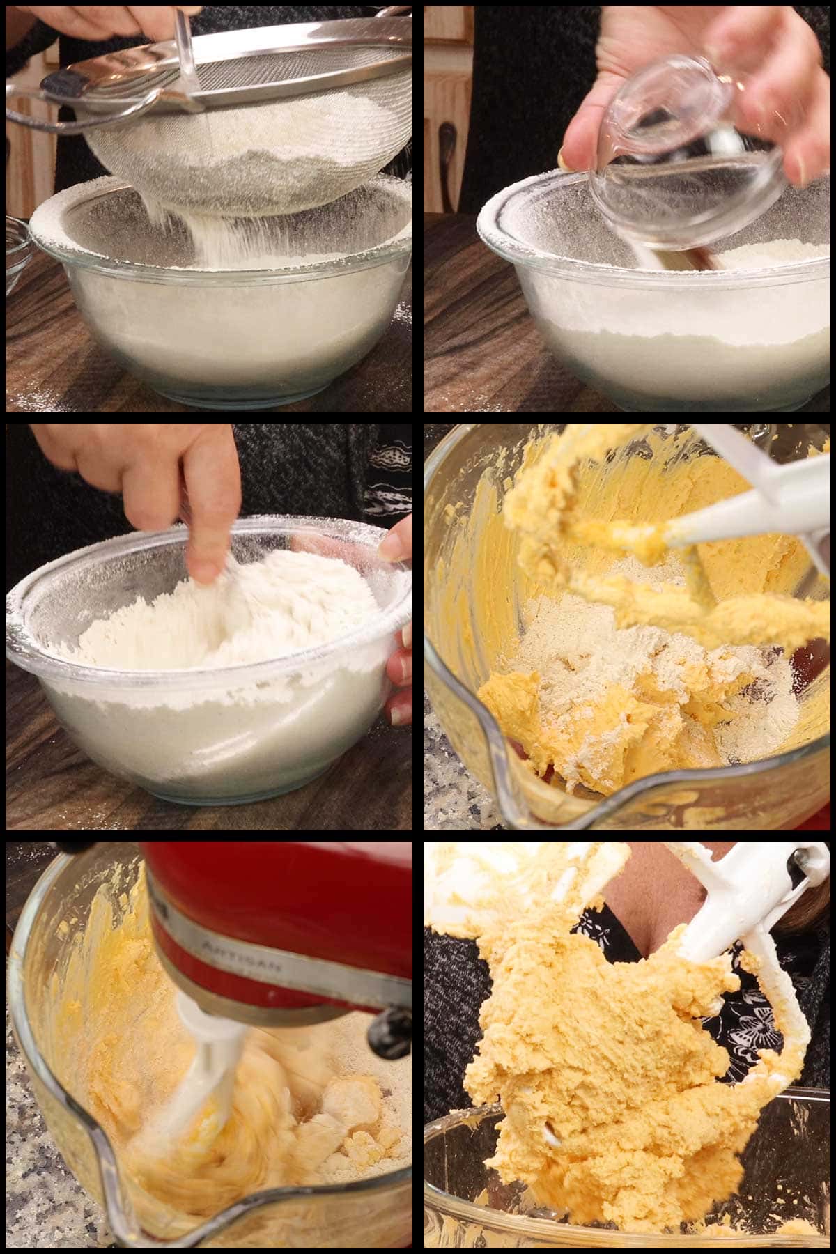 mixing the flour and spices into the cheese mixture with stand mixer