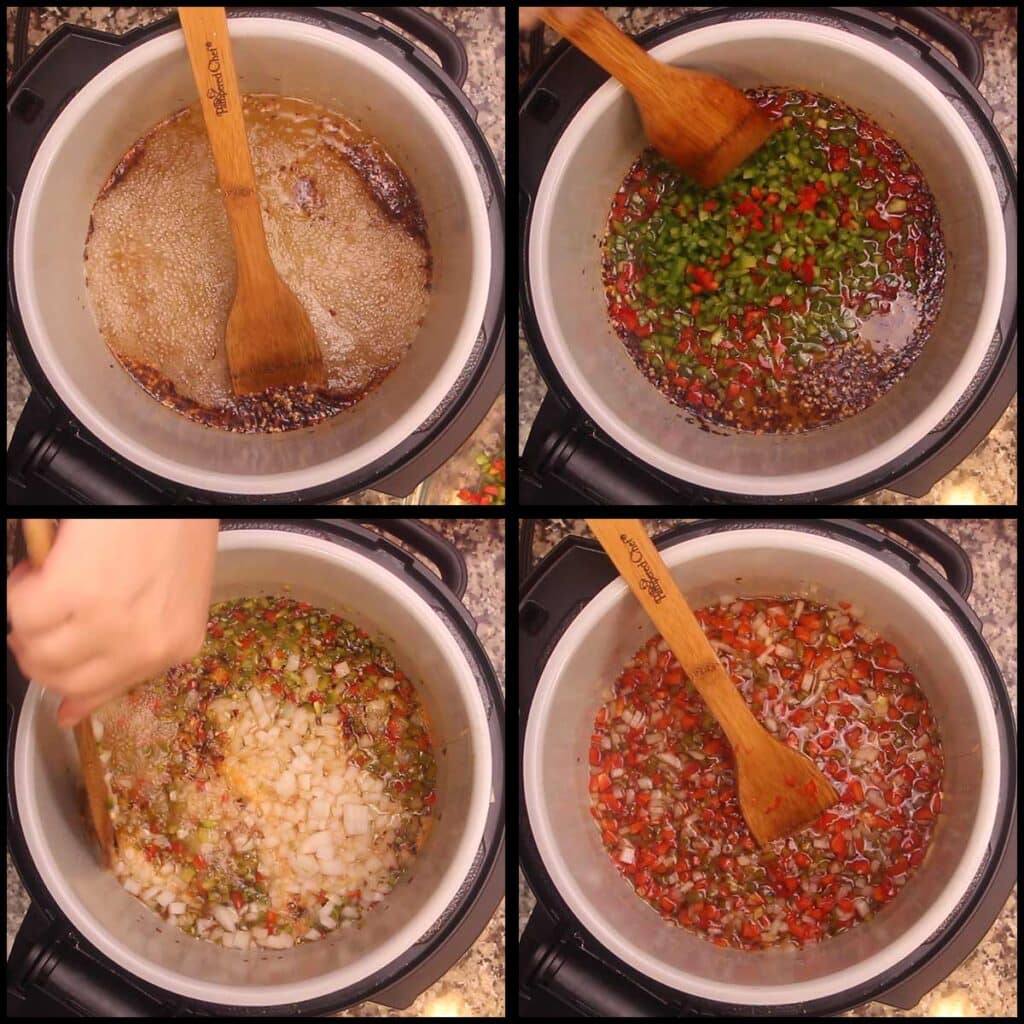 adding peppers and onions to boiling liquid