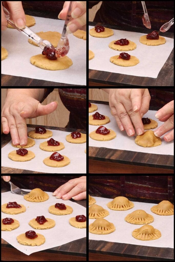 assembling the peanut butter and jelly cookies
