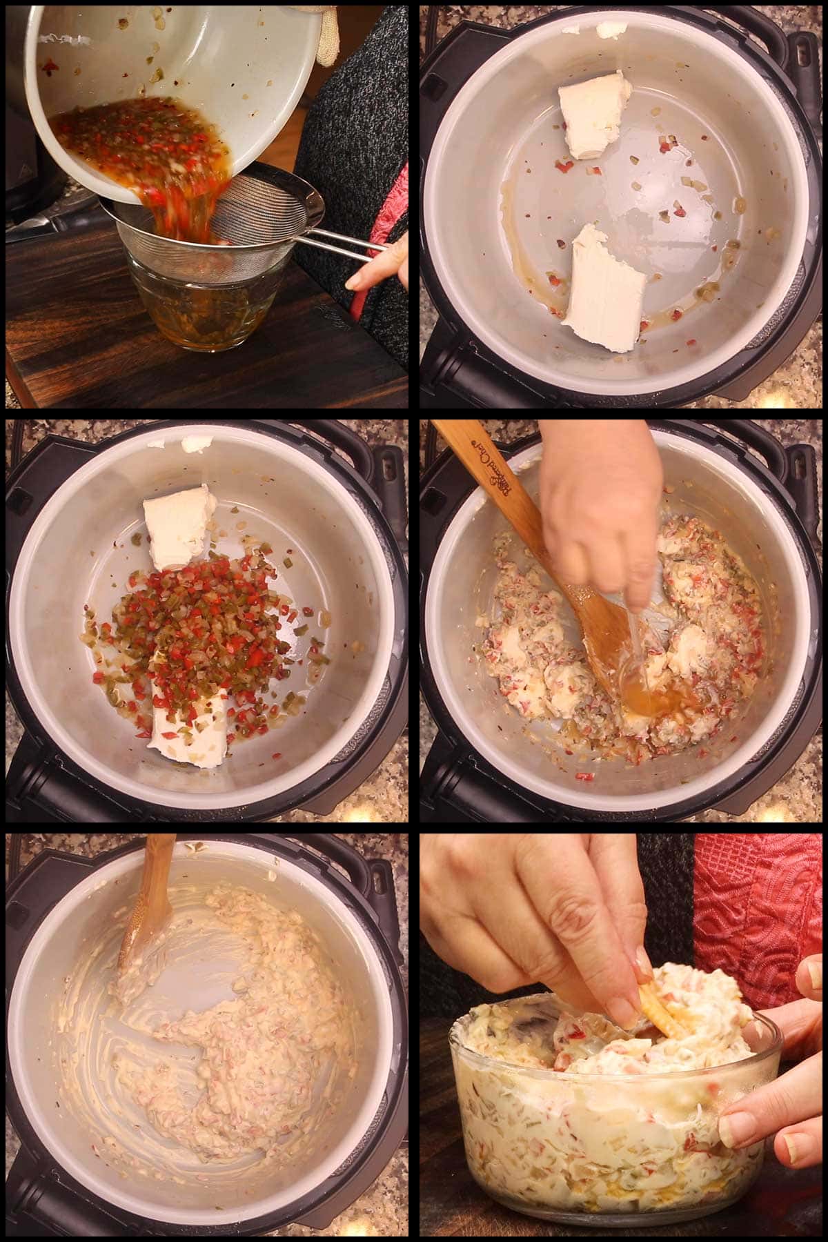 collage of pictures showing the steps for making a hot pepper and onion relish dip