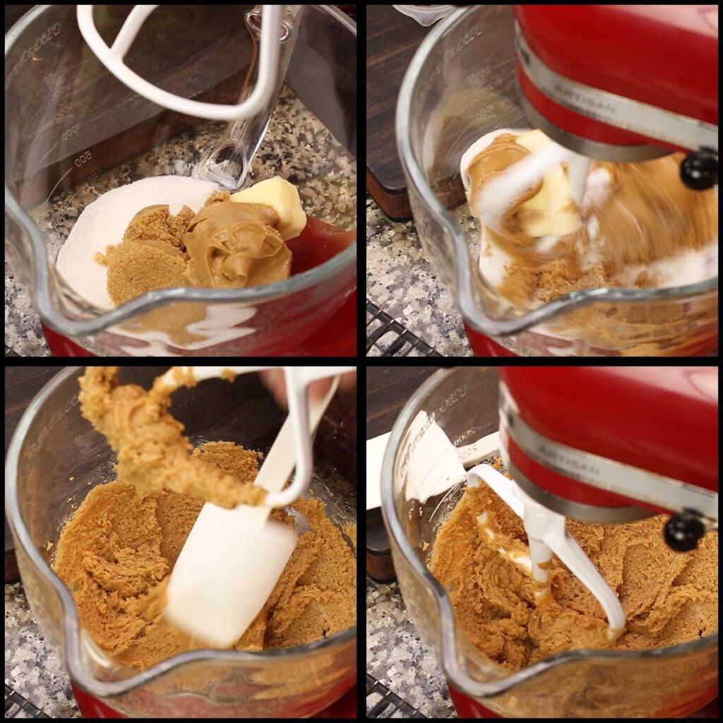 mIxing the sugars, peanut butter and butter in a stand mixer
