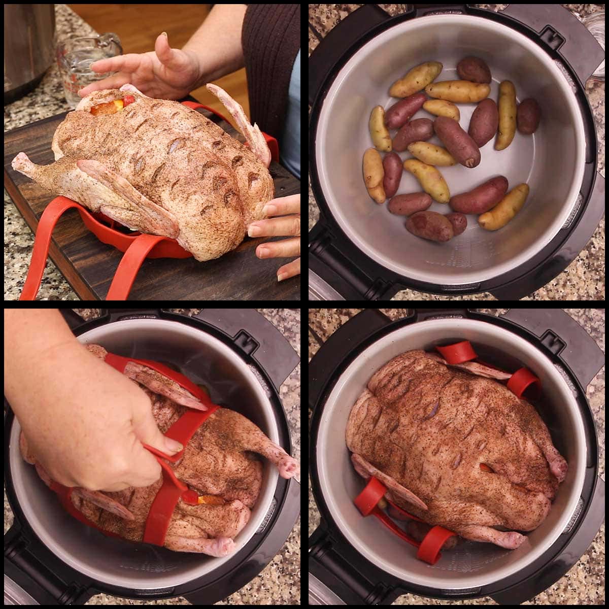 placing the duck on the sling in the inner pot