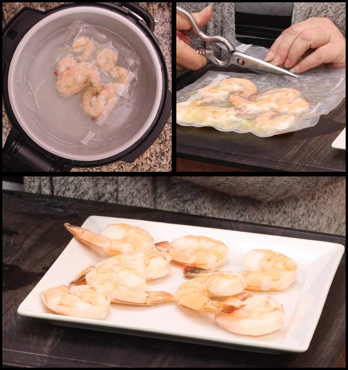 removing shrimp and putting them on a plate after sous vide cooking