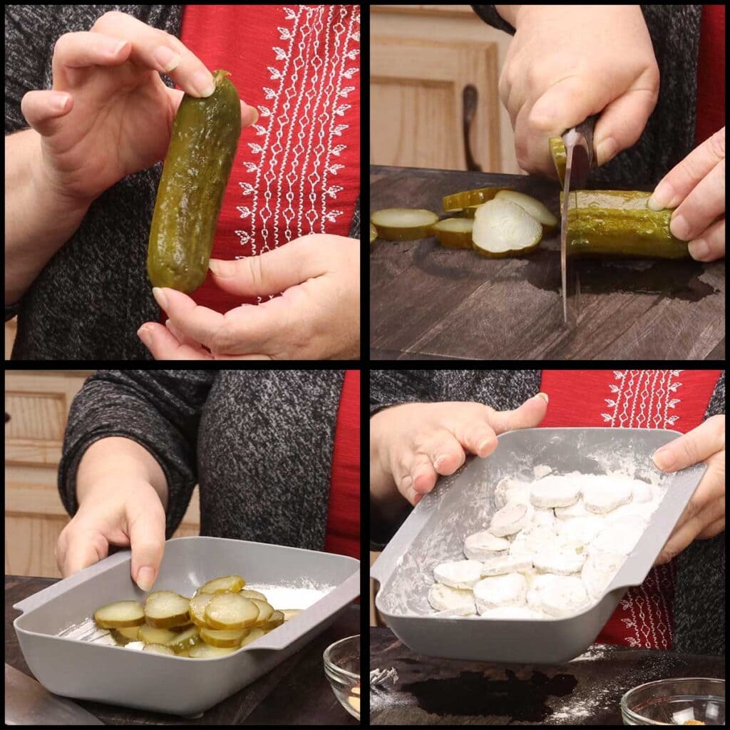 cutting and coating the pickle slices in flour