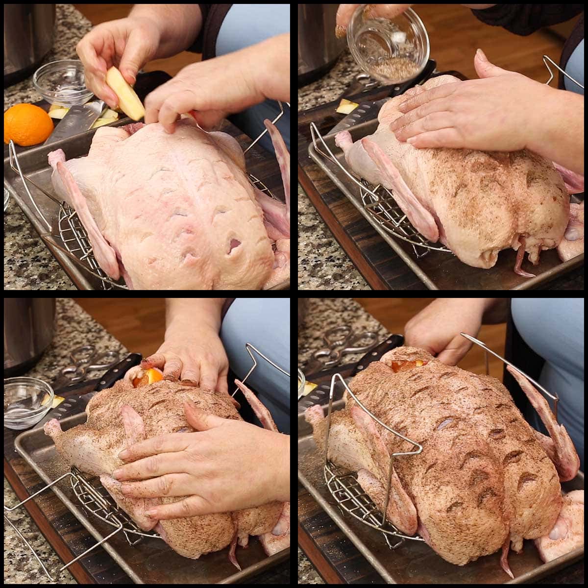 stuffing the duck with oranges and apples and applying the seasoning rub to the outside