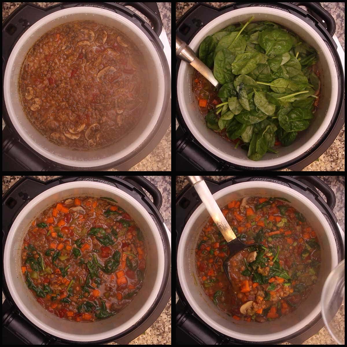 adding spinach to finish the vegetable lentil soup
