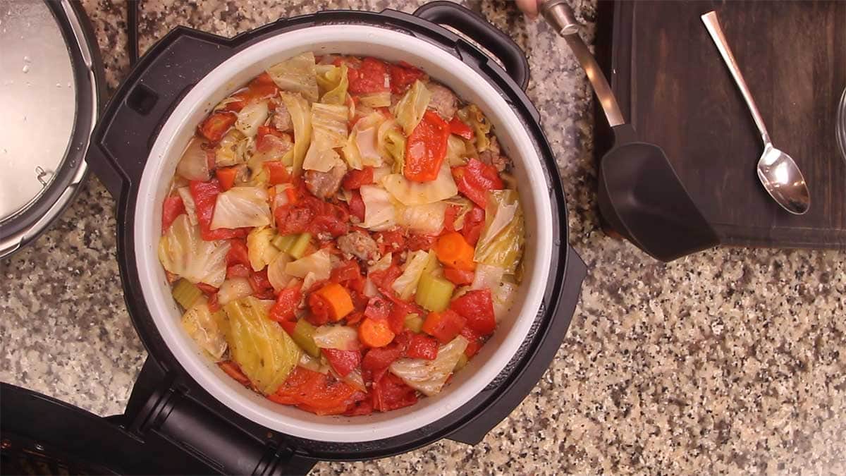 soup in inner pot of Ninja Foodi after pressure cooking