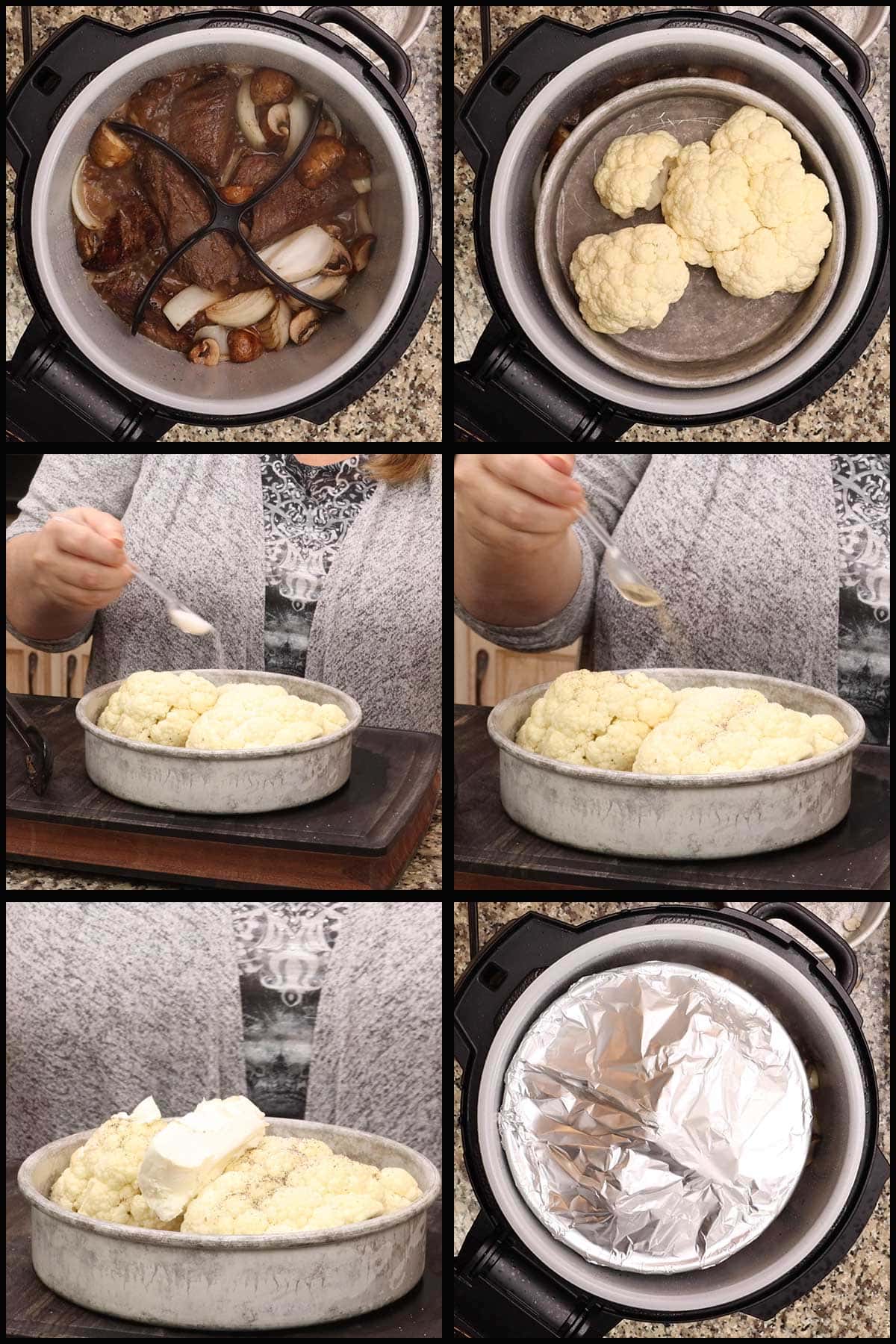 picture collage showing how I layered the pan of cauliflower