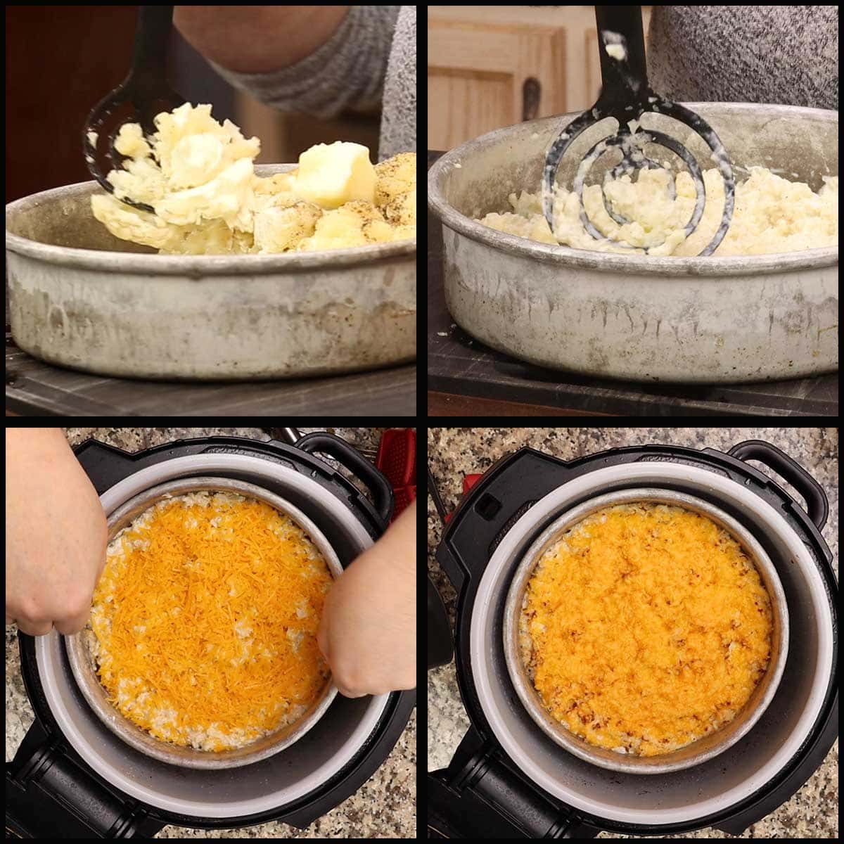 mashing the cauliflower and broiling the cheese for au gratin cauliflower