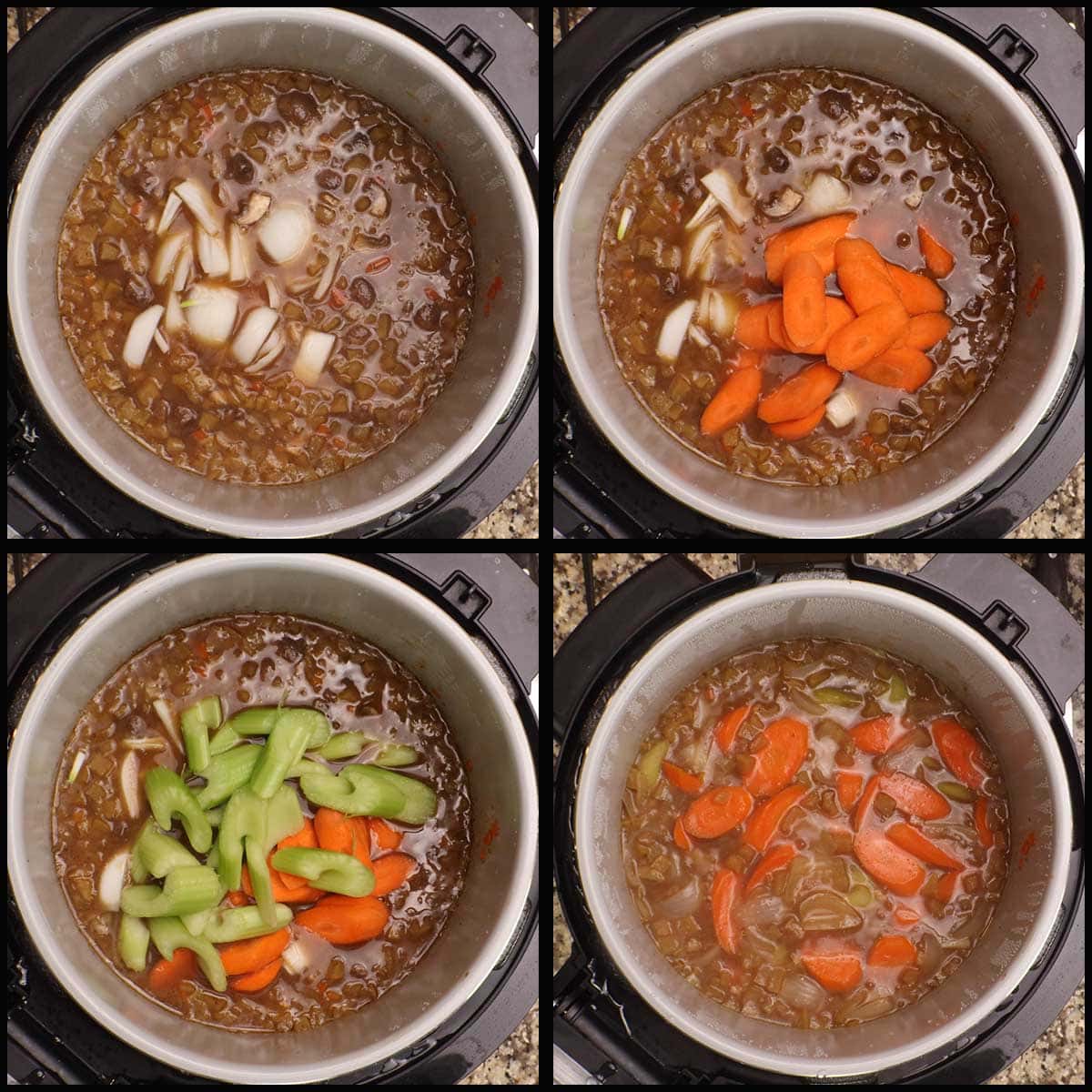 adding soup vegetables to beef and barley soup