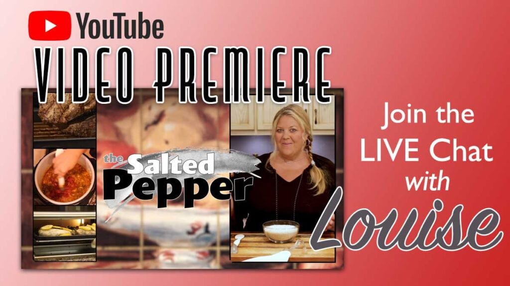 Image of food and louise with the words youtube premiere join the live chat