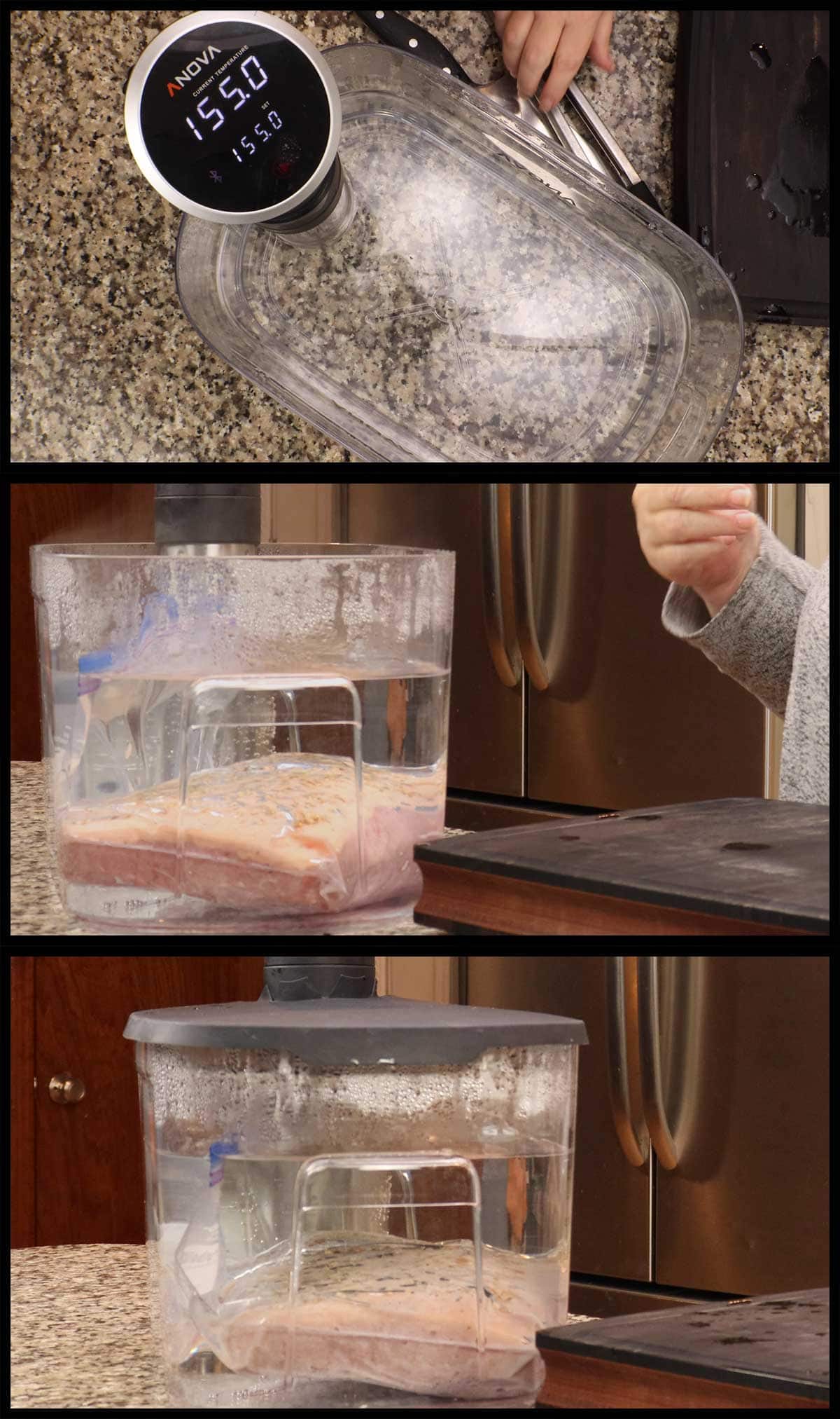 placing the bag with corned beef into the water bath and covering the container.