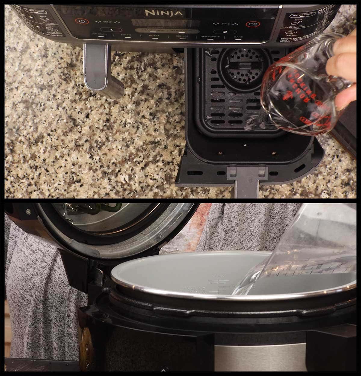 adding water to air fryer basket and to the Ninja Foodi Steam Air Fryer.