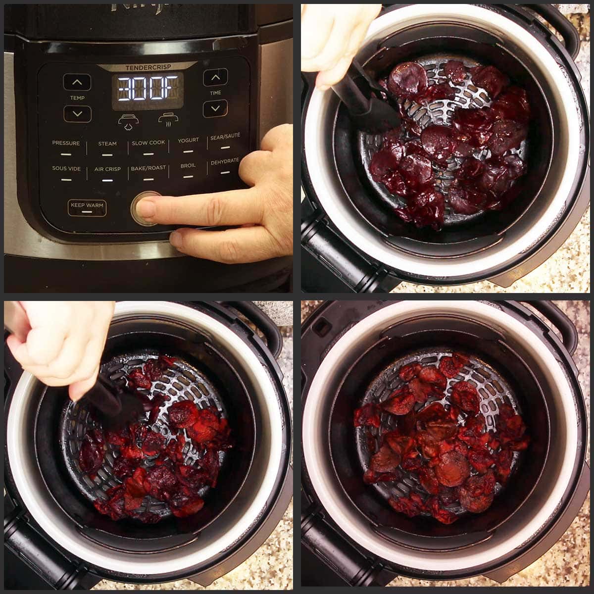 collage of images showing each stage of tossing the beet chips until they are done.