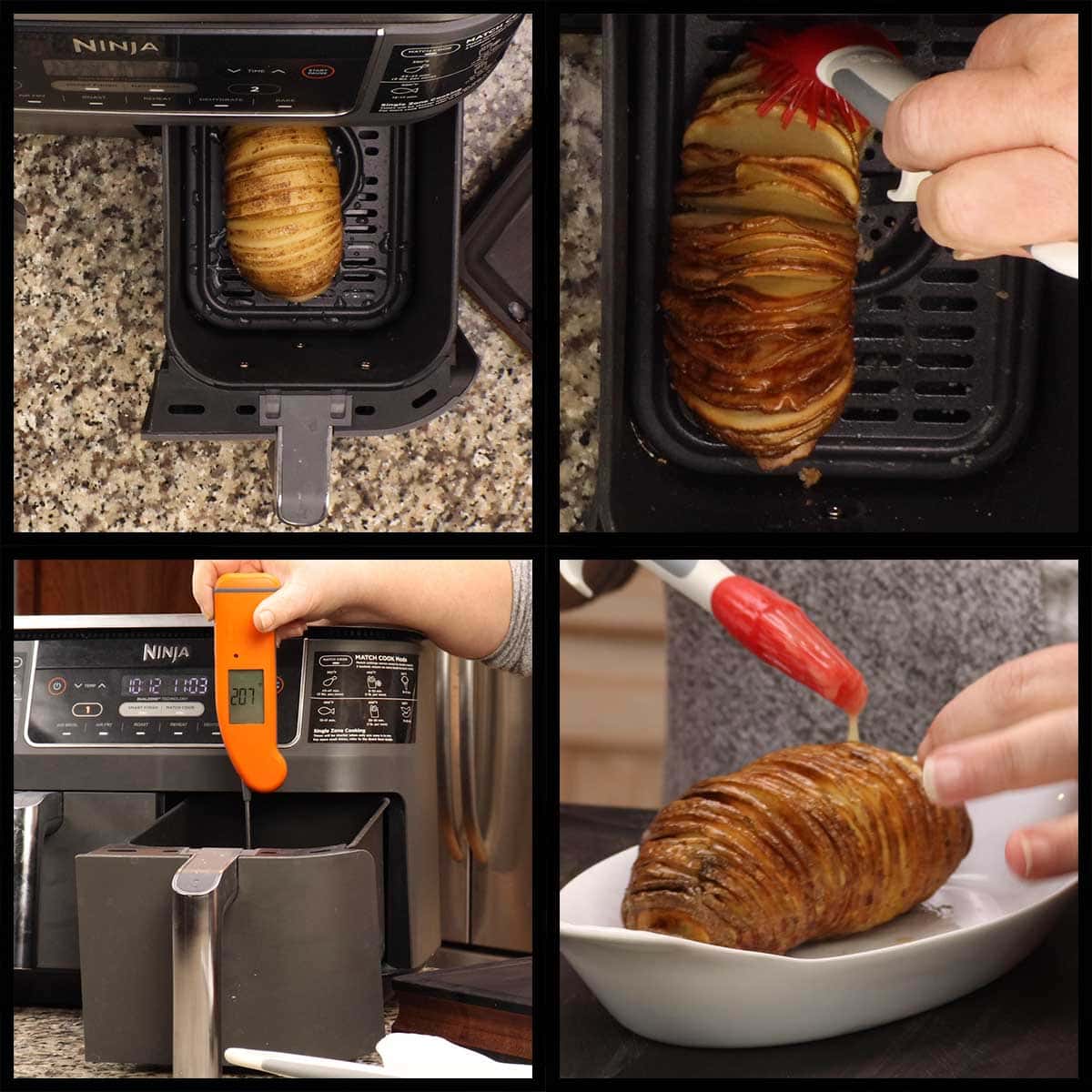 collage showing potato into air fryer basket, butter being brushed on, temping potato and adding butter after air frying.