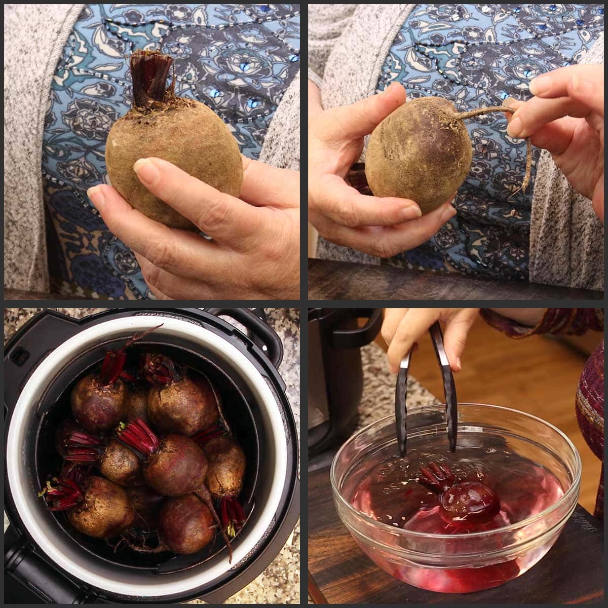 collage showing cooking the beets in a pressure cooker.