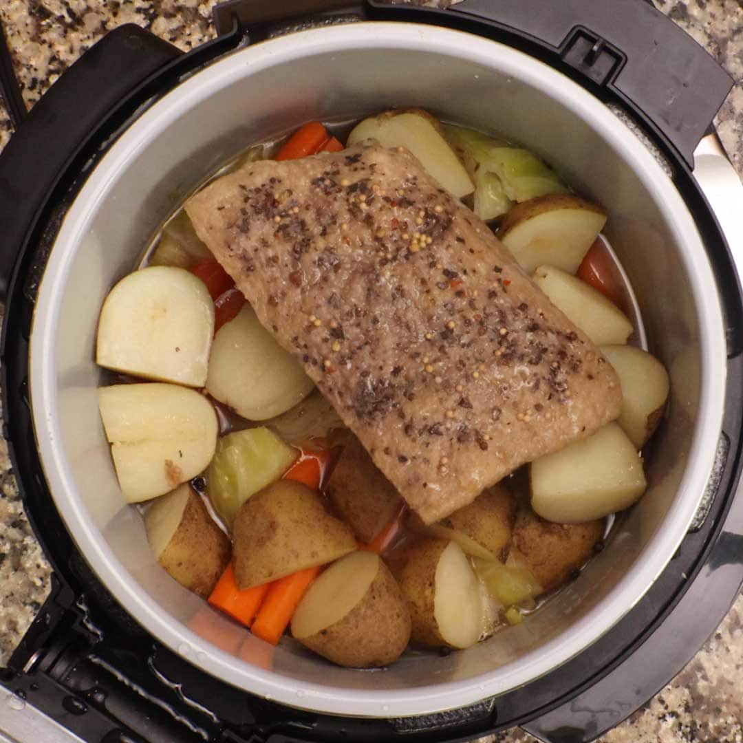 corned beef and veggies after pressure cooking