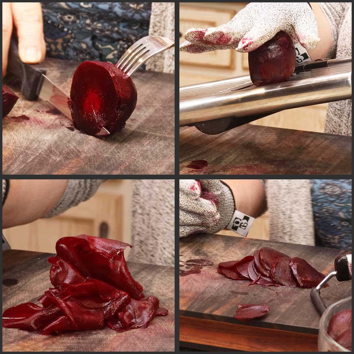 slicing the beets with a knife and a mandoline