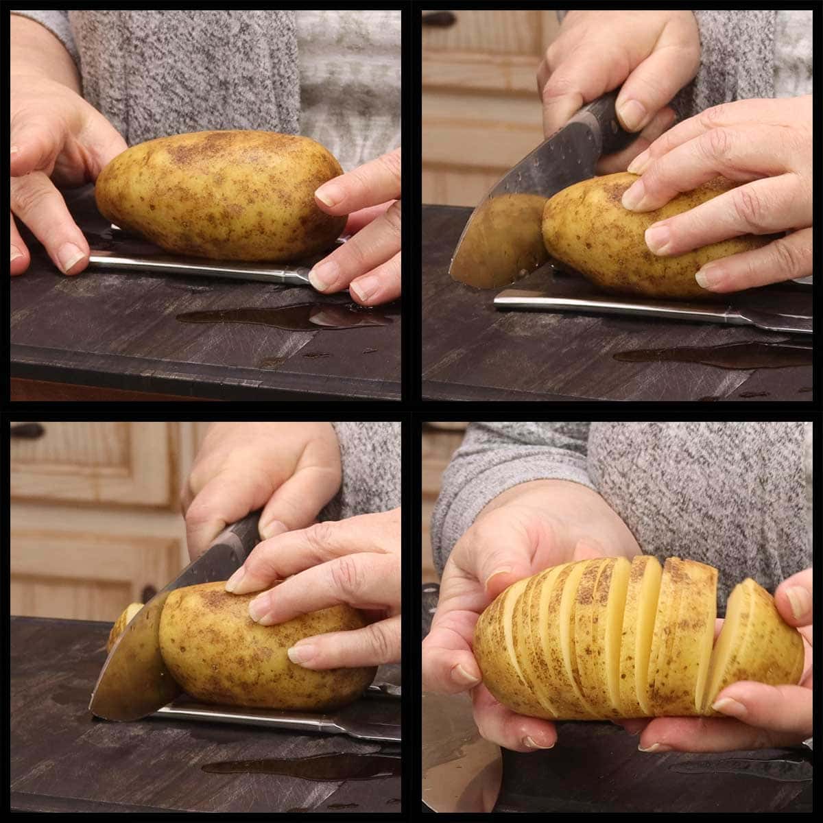 collage of images showing cutting potato for hasselback potatoes.