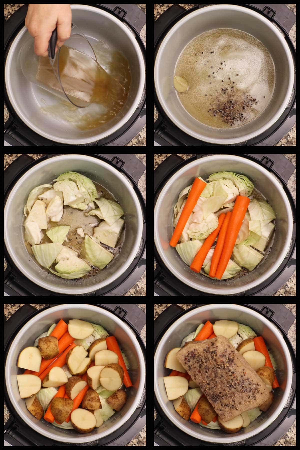 liquid, seasonings, veggies, and corned beef into inner pot