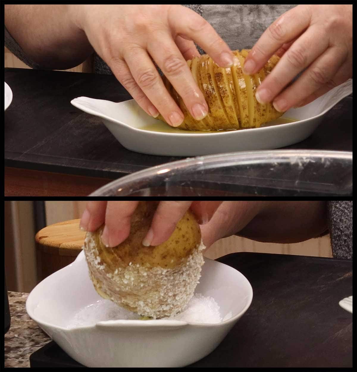 oiling and salting potato.